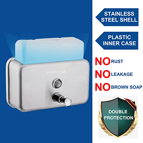 VANNSOO Commercial Wall Mount Stainless Steel Soap Dispenser, Rust-Proof Lining Liquid Hand Sanitizer Dispenser Bathroom 1100 ml / 37 oz. (Horizontal)