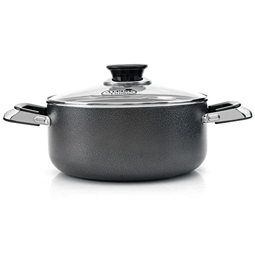 Alpine Cuisine 5.5 Quart Non-stick Stock Pot with Tempered Glass Lid and Carrying Handles, Multi-Purpose Cookware Aluminum Dutch Oven for Braising, Boiling, Stewing