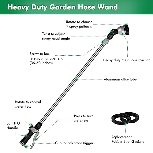 RESTMO 36”-60” (3ft-5ft) Metal Watering Wand, Long Telescopic Tube | 180° Adjustable Ratcheting Head | 7 Spray Patterns | Flow Control, Garden Hose Sprayer to Water Hanging Baskets, Shrubs, Black