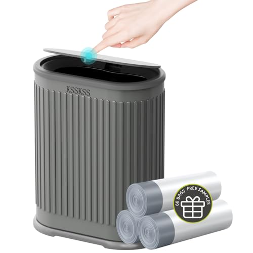 KSSKSS 1.8 Gallons Small Stainless Steel Trash Can with Press Type Lid, Slim Bathroom Garbage Bin, Removable Liner Bucket, Dog Proof Narrow Wastebasket with Pop-Up Lid for Bedroom,Toilet (Gray)