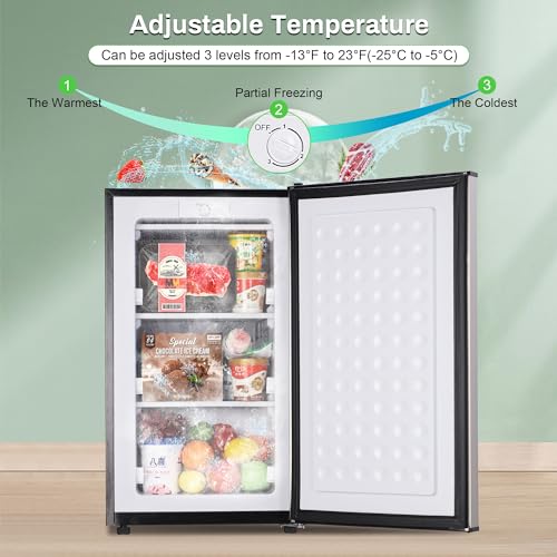 Maine Upright Freezer 3.6 Cu.Ft Mini Freezer with Reversible Stainless Steel Door Freestanding Compact Freezer with 3 Adjustable Thermostat, Small Freezer for Apartment Dorm (Silver)