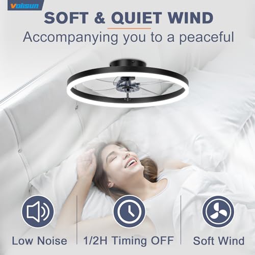 VOLISUN Low Profile Ceiling Fan with Lights and Remote, 15.7in Bladeless Ceiling Fans with light Flush Mount, 3000K-6500K Dimmable Modern LED Fan Light, Black Fandelier Ceiling Fans for Bedroom