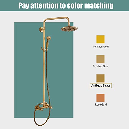 Dual Functions Exposed Pipe Shower System Round 8 Inch Rainfall Shower Head Brass Fixture Combo Set Two Handles Bathroom Shower Faucet Adjustable Showerhead Bar,Antique Brass