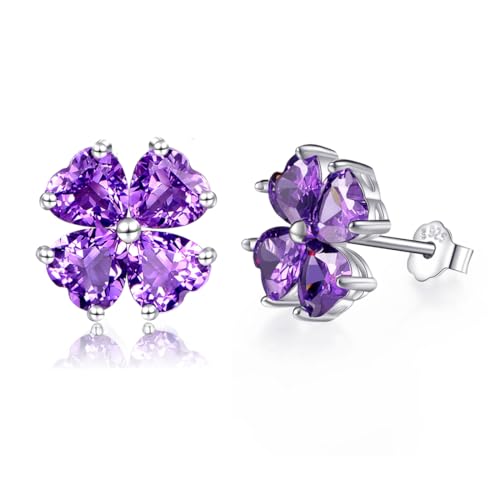 JiangXin Natural Amethyst 925 Sterling Silver Stud Earrings for Women Birthstone White Gold Plated Jewellery