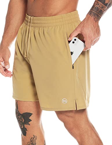 MOVEUP Shorts Athletic Loose Fit Zipper Jogging Shorts Gym Exercise Shorts Active Gym Training Sport Lightweight Shorts Khaki Small