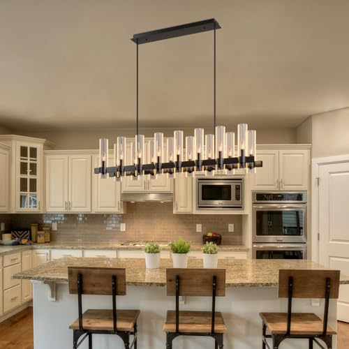 AEULYTIR 54 Inch Black Chandelier Linear with Clear Glass Shade, 16-Lights Modern Farmhouse Ceiling Pendant Hanging Light Fixture Over Table, for Dining Room, Kitchen Island