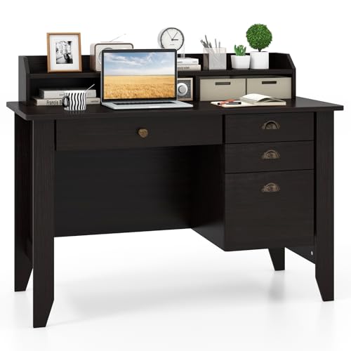 Tangkula Computer Desk with 4 Storage Drawers & Hutch, Home Office Desk Vintage Desk with Storage Shelves, Wooden Executive Desk Writing Study Desk (Black)