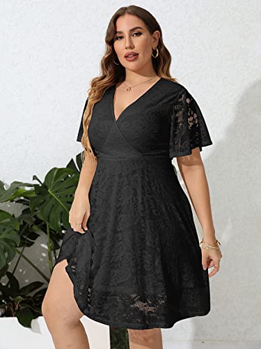 SCOMCHIC Women Plus Size Lace Cocktail Dresses Faux Wrap V Neck Short Sleeve Flowy A Line Wedding Guest Midi Dress Navy