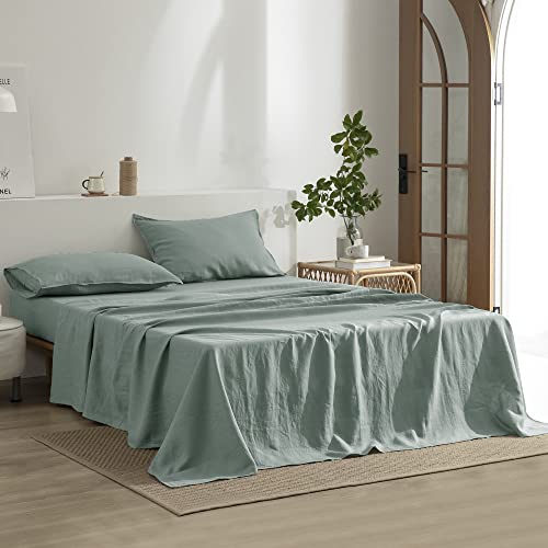 EVERLY Linen Sheets Set Queen Size,100% French Stonewash Pure Linen Sheets Set,4Pieces (1Flat Sheet,1Fitted Sheet,2Pillowcase) Suitable for Hot Sleepers,Deep Pocket Natural Bedding Set-Navy Blue