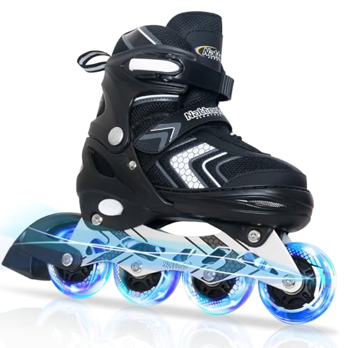Nattork Inline Skates for Boys Girls with Full Light up Wheels, Adjustable Beginner Roller Skates for Kids Youth Black Age 6-12