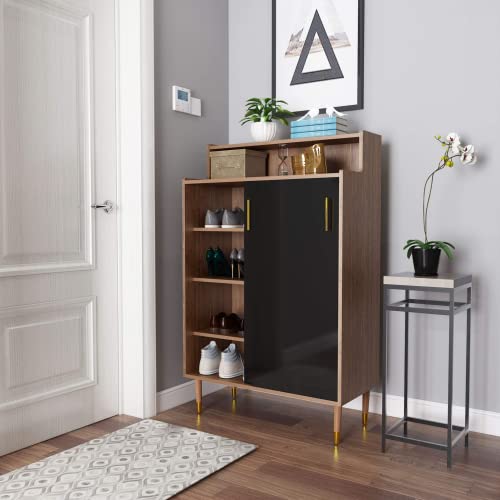 Alohappy Shoe Cabinet, 4-tier Freestanding Shoe Rack Storage Organizer Sliding Doors & Wood Legs, Modern Shoe Storage Cabinet opening shelf Hallway Entryway Living Room Bathroom (Walnut& Black)