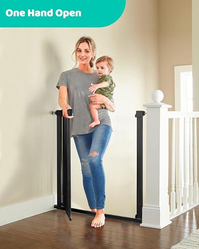 Newnice 29.7"-32.3" Narrow Baby Gate,Easy Install with Auto Close, Fit for Small Stairs & Doorways, Pressure Mounted Gate with Door, No Drill Wall Protected, Pet Gate for Dog,Cat, No Extensions,Black