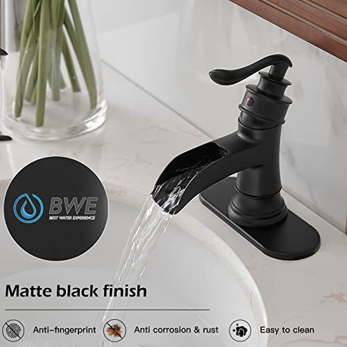 BWE Black Bathroom Faucet Matte Waterfall Sink Farmhouse Bath Vanity Single Hole Faucets One Handle Basin Antique centerset Restroom Mixer Tap Supply Line Lead-Free