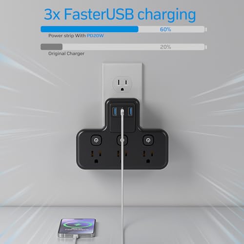 Multi Plug Outlet Extender, 1875W|15A Surge Protector Wall Outlets Extender with USB Wall Charger(1 PD20W USB C), PASSUS Multiple Plug Expander Splitter for Home Office Dorm Room Essentials