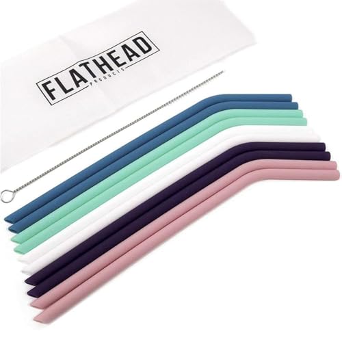 Flathead Products Bent Silicone Straws Reusable and Cleaning Brush - Flexible, Long Bendy Straws for 20 ounce-32 Ounce Tumblers & 30 Ounce Smoothie Cups - Dishwasher Safe & Easy to Clean (Set of 10)