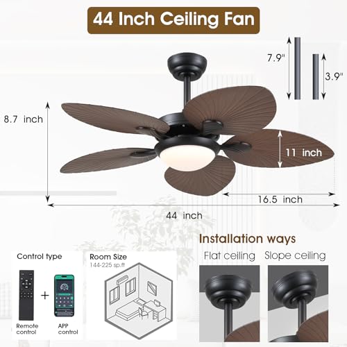 Wiviniya Tropical Ceiling Fans with Lights, 44 Inch Indoor Outdoor Palm Leaf Ceiling Fan for Patios Porch Bedroom, Remote/APP Control, Dimmable, 6 Speeds, Reversible, Brown