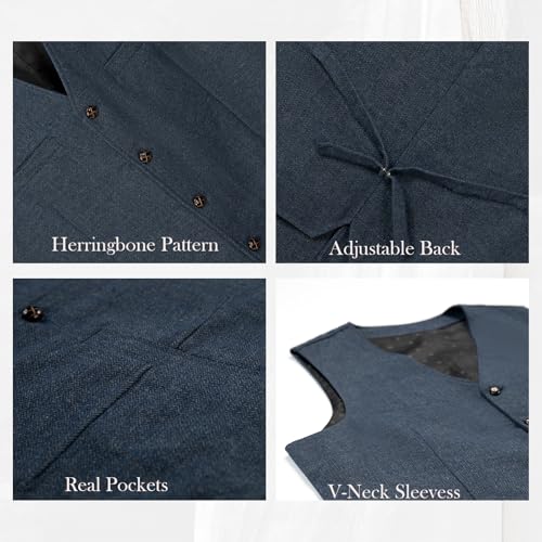 Mens Suit Vest Waistcoat Tweed Retro V Neck Wool Herringbone for Prom