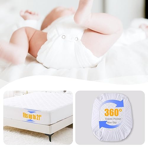 Waterproof Fitted Mattress Pad with Deep Pocket Up to 21", Breathable Hypoallergenic Quilted Mattress Protector, Washable Queen Size Mattress Cover