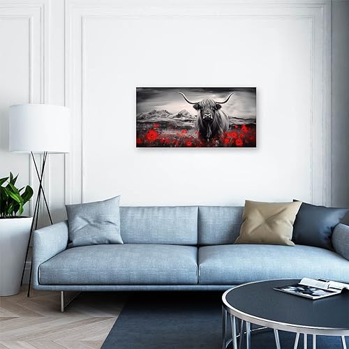 DOARTDO Highland Cow Canvas Wall Art Animal Painting Print Black and White Cattle and Red Flowers Picture Farmhouse Decor Frame (12.00" x 24.00", Highland Cow - 1)