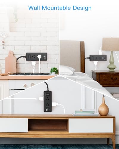 Cruise Ship Essentials, Flat Plug Extension Cord, Power Strip with 6 Outlets 3 USB Ports(2 USB C), 5ft Outlet Extender with Wall Mount No Surge Protector for College Dorm Room Travel Essentials