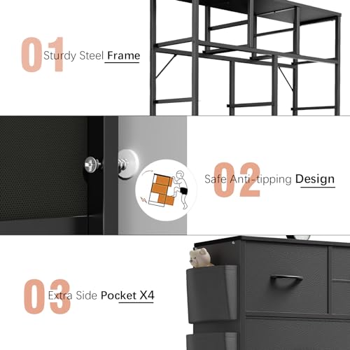 Black Dresser for Bedroom, Bedroom Dresser & Chests of Drawer, Fabric Dressers 10 Drawers, Black Dresser for Closet w/Side Pockets, Hooks, Clothes Dresser Storage for Hallway, Entryway, Kids Room