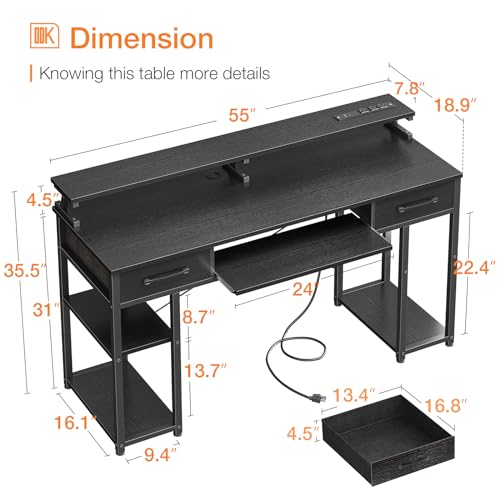 ODK Computer Desk with Drawers, 55 Inch Office Desk with Power Outlet and Keyboard Tray & Storage Shelves & PC Stand, Office Table Work Desk with Monitor Stand, Black