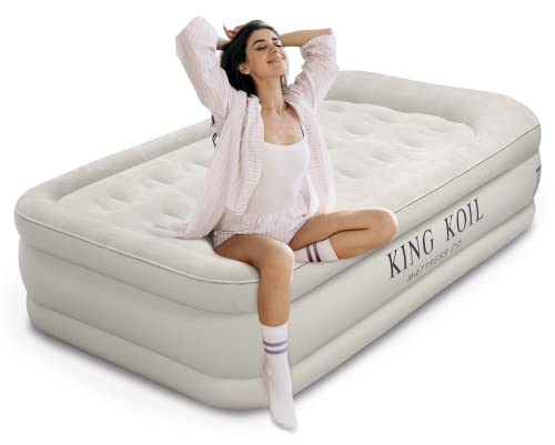 King Koil Plush Pillow Top Twin Air Mattress with Built-in High-Speed Pump for Camping, Home & Guests - 20” Twin Size Airbed Luxury Inflatable Blow Up Mattress, Waterproof, 1-Year Warranty