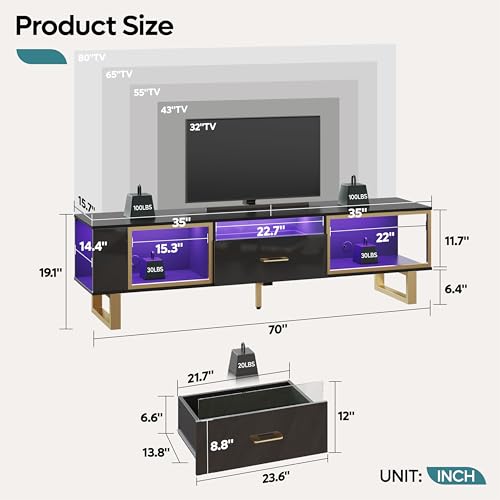 Bestier TV Stand for 65/70/75/80 Inch TV, LED Gaming Entertainment Center with Open Storage and Half-Glass Design Drawer, Modern High Gloss TV Console Table for Living Room, Black and Gold