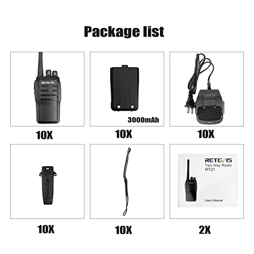 Case of 10,Retevis RT21 Updated 3000mAh 2 Way Radio Rechargeable, Heavy Duty Two Way Radio Long Range, 16CH VOX Handfree Adults Walkie Talkies for Business Retail Contractor Agriculture Black