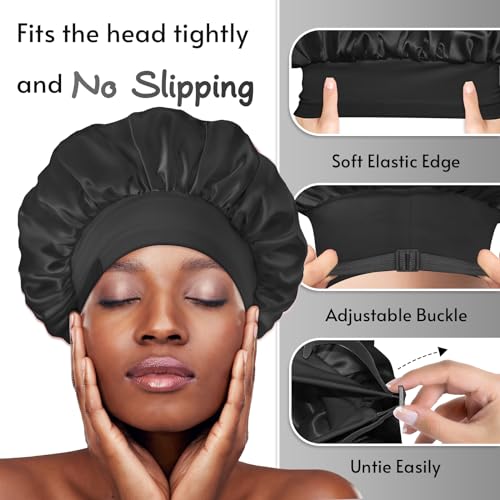 BONNET QUEEN Silk Bonnet for Sleeping for Women Satin Bonnet Double Layer Reversible in 2 Color Adjustable Hair Bonnet Satin Lined Night Sleep Cap for Curly Hair,Black