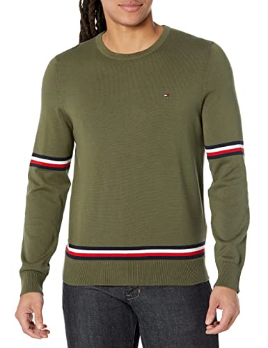 Tommy Hilfiger Mens Essential Signature Stripe Crewneck Pullover Sweater, Army Green, X-Small US