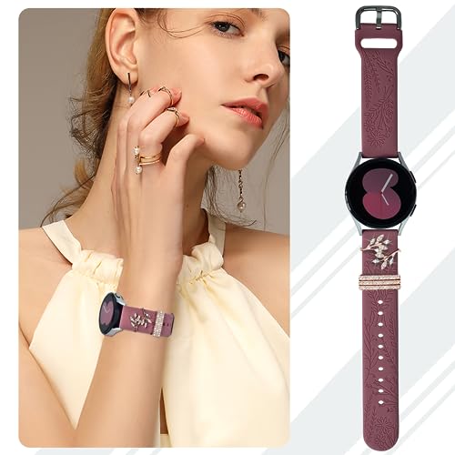 ORATYFAN Bands for Samsung Galaxy Watch 7/6/5/4 Band 40mm 44mm with Charms, 20mm Women Flower Engraved Silicone Replacement Strap for Galaxy Watch 5 Pro/Galaxy Watch 3/Galaxy Active 2/Watch 4 Classic