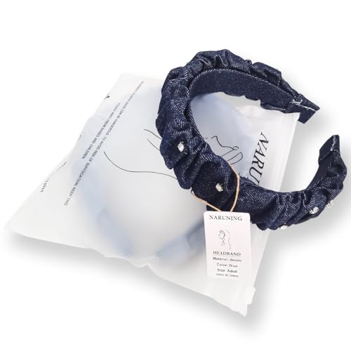 NARUNING Wide brim denim blue headband, women's fashion pleated style headband with rhinestone embellishment, suitable for all girls and women (Dark blue)