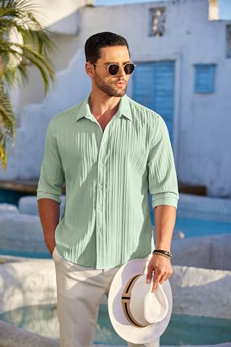 COOFANDY Mens Casual Shirts Long Sleeve Button Up Dress Shirts for Men Linen Beach Wedding Shirts Light Green