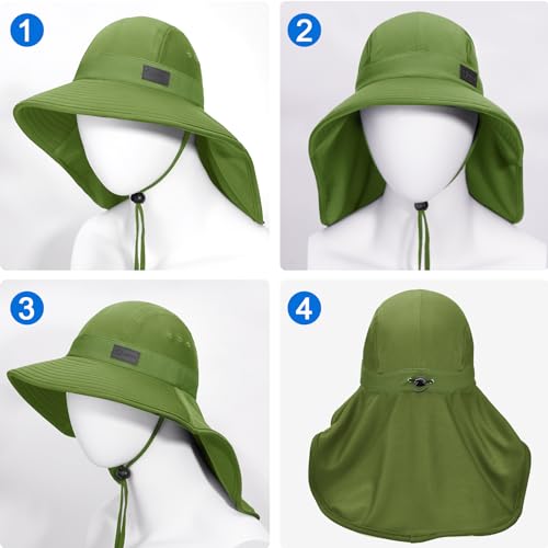 Sukeen Cooling Sun Hat for Men Women UPF50+ Wide Brim Fishing Hat with Neck Flap Adjustable Foldable Bucket Hat for Hiking Army Green