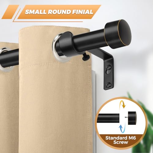 TONIAL Black Curtain Rod 16 to 30 Inch(1.3 to 2.5 ft), Telescoping Splicing 3/4 Curtain Rods for Windows, Single Short Drapery Rod with Round Cap Finial