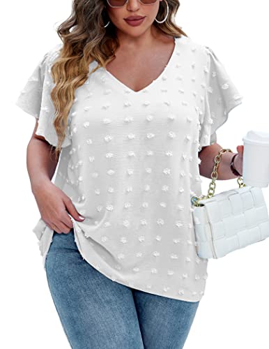 IN'VOLAND Womens Plus Size Blouse Ruffle Sleeve Flowy Tops Business Casual Swiss Dot Tunic V Neck Cute Summer Tee Blue 20W