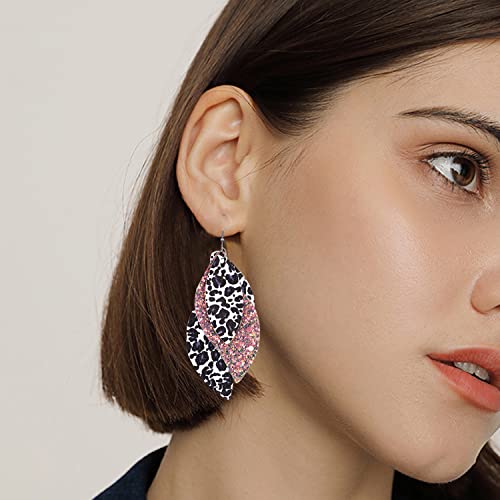 Leaf Leather Earrings for Women Handmade Fringe Feather Lightweight Teardrop Leather Earrings Drop and Dangle Earrings for Women (Black)