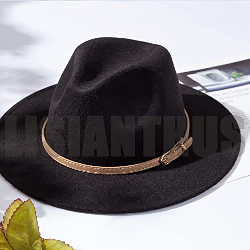 Lisianthus Women Classic Felt Fedora Wide Brim Hat with Belt Buckle Brown Belt-Black