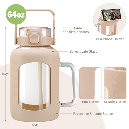 HYDRAGLAZIC 64oz Glass Water Bottle, Glass Tumblers with Straw and Handle, Cup with Silicone Sleeve, Wide Mouth Half Gallon Water Bottle with Time and Water Marker, Water Jug Amber