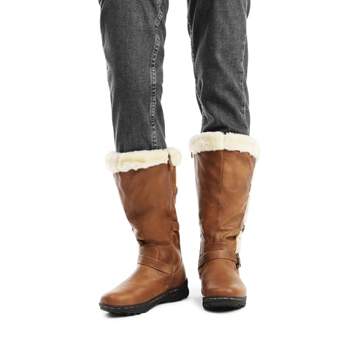 DREAM PAIRS Women's Fully Faux Fur Lined Triple Buckle Ruched Snow Knee High Winter Boots Black PU Size 12