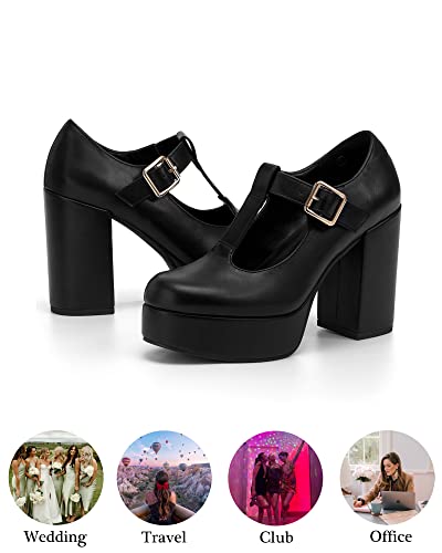 Coutgo Black Platform Heels for Women T-Strap Patent Chunky Heel Mary Jane Shoes