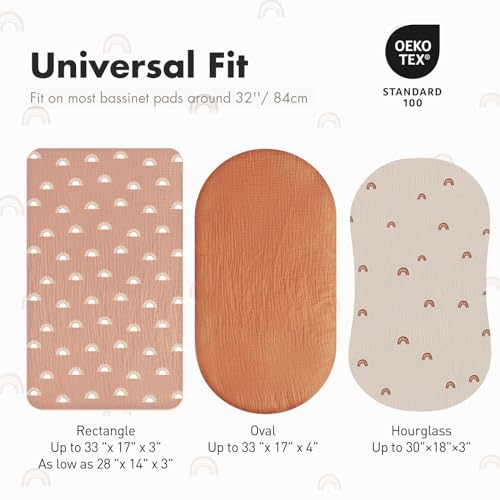 Gllquen Baby Muslin Bassinet Sheets 3 Pack, Breathable Elastic Cozy Fitted Cotton Bassinet Mattress Sheet for Baby Boy Girls, Fit for Hourglass Oval Rectangular Cradle Pad Sheets 33"X17" (Green)