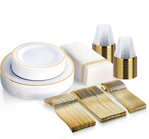 M MCIRCO 175 Piece Gold Dinnerware Set - 50 Plates - 25 Silverware - 25 Cups - 25 Paper Napkins, 25 Guest Disposable Gold Dinnerware Set