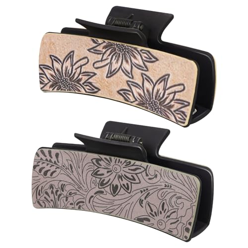 ZZXLLRO 2Pack Large Western Hair Clips, 4" Artificial Leather Floral Claw Clips, Matte Black Brown Hairpins Western Gifts for Women and Girls Long Thick Hair Accessories