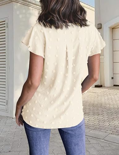 MEROKEETY Women Casual V Neck Flutter Short Sleeve Blouse Swiss Dot Loose Tunic Shirt Top HotPink X-Small