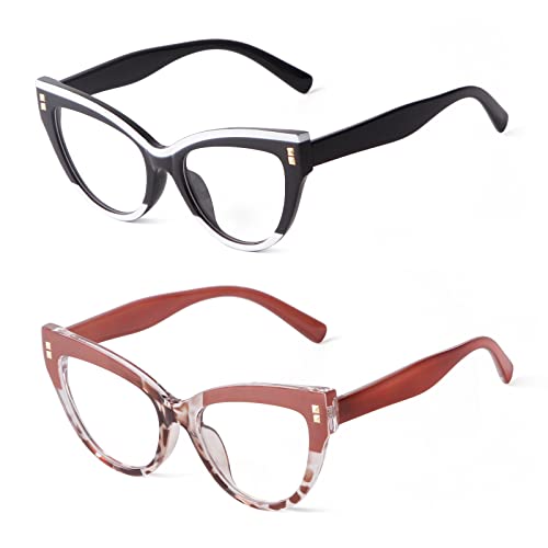 KFPH 2 Packs Stylish Cat Eye Glasses Blue Light Glasses Non Prescription Frames for Women Computer Reading Glasses Anti Glare & UV