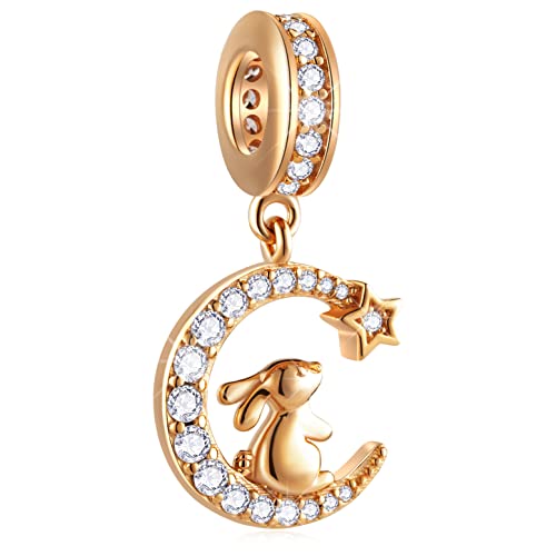 Rose Gold Rabbit Sitting on the Crescent Moon Dangle Charms, 925 Sterling Silver Bunny on Night Sky Pendant Beads, fits Pandora Easter Bracelet, Gifts for Girls/Sister/Friends