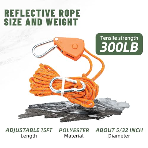 2pcs 15ft Ratchet Tie Down Rope Canopy Tent Tie Downs Strap Retractable Hanger with Hooks Reinforced Metal Gear for Camping Essentials 5/32"