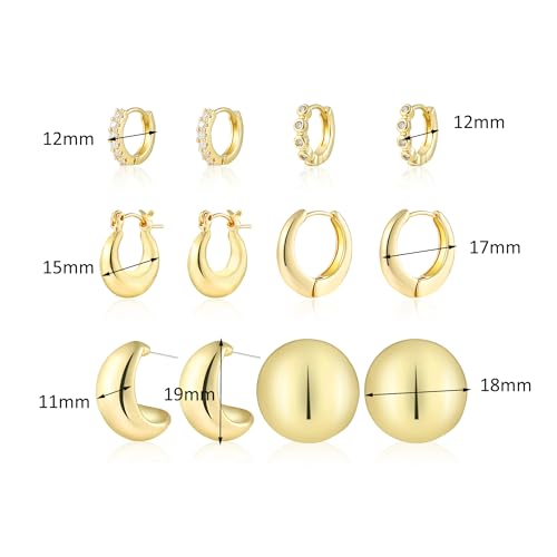 HILXURY 6 Pairs Gold Hoop Earrings for Women, 14K Gold Plated Chunky Huggie Hoop Earrings Set Hypoallergenic, Lightweight Twisted Open Hoops Jewelry for Christmas/Birthday Gifts. (1Gold)